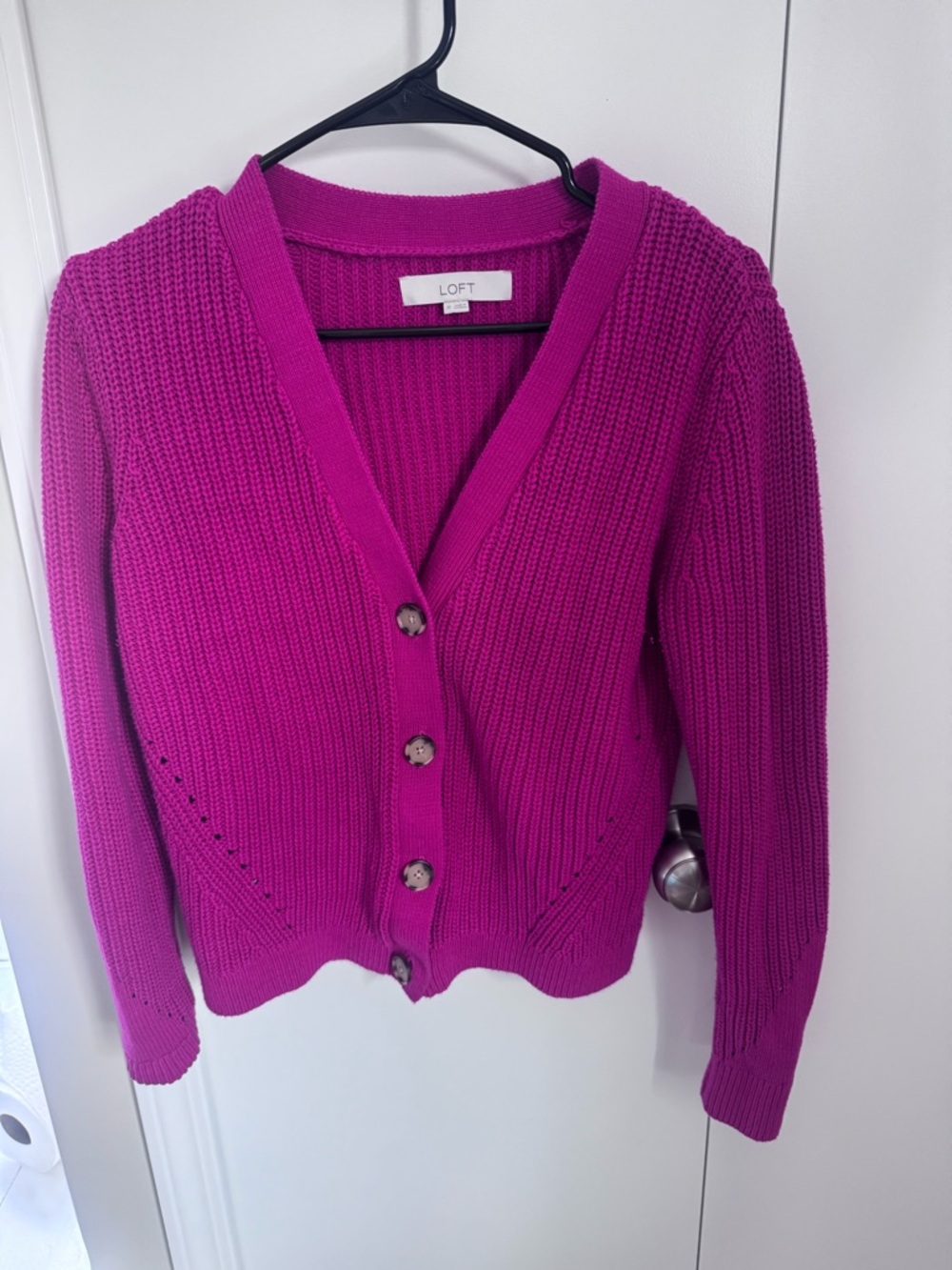 LOFT Bright Magenta V-Neck Button Front Cardigan